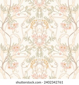 Fantasy flowers, decorative flowers and leaves in art nouveau style, vintage, old, retro style. Seamless border pattern, linear ornament, ribbon Vector illustration.