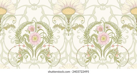 Fantasy flowers, decorative flowers and leaves in art nouveau style, vintage, old, retro style. Seamless border pattern, linear ornament, ribbon Vector illustration.