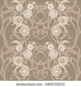 Fantasy flowers, decorative flowers and leaves in art nouveau style, vintage, old, retro style. Seamless border pattern, linear ornament, ribbon Vector illustration.