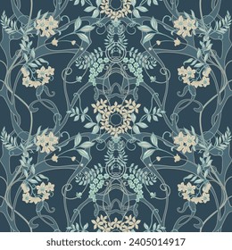 Fantasy flowers, decorative flowers and leaves in art nouveau style, vintage, old, retro style. Seamless border pattern, linear ornament, ribbon Vector illustration.