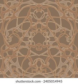 Fantasy flowers, decorative flowers and leaves in art nouveau style, vintage, old, retro style. Seamless border pattern, linear ornament, ribbon Vector illustration.