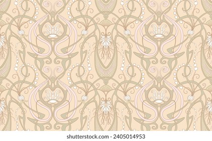 Fantasy flowers, decorative flowers and leaves in art nouveau style, vintage, old, retro style. Seamless pattern, background. Vector illustration.