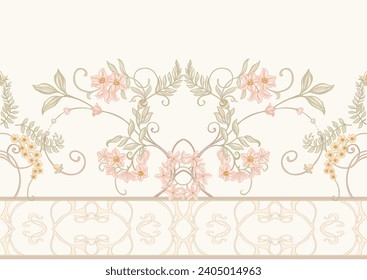 Fantasy flowers, decorative flowers and leaves in art nouveau style, vintage, old, retro style. Seamless border pattern, linear ornament, ribbon Vector illustration.