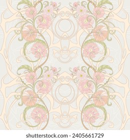 Fantasy flowers, decorative flowers and leaves in art nouveau style, vintage, old, retro style. Seamless border pattern, linear ornament, ribbon Vector illustration.