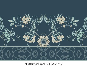 Fantasy flowers, decorative flowers and leaves in art nouveau style, vintage, old, retro style. Seamless border pattern, linear ornament, ribbon Vector illustration.