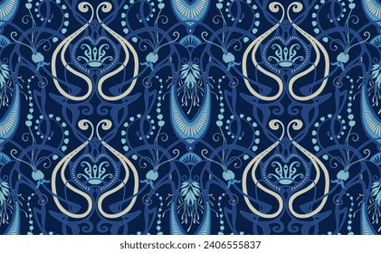 Fantasy flowers, decorative flowers and leaves in art nouveau style, vintage, old, retro style. Seamless pattern, background. Vector illustration.