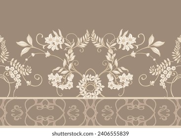 Fantasy flowers, decorative flowers and leaves in art nouveau style, vintage, old, retro style. Seamless border pattern, linear ornament, ribbon Vector illustration.