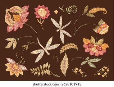 Fantasia flores e libélulas em estilo retro, vintage, jacobean. Clip-art, conjunto de elementos para a ilustração Vetor de design.