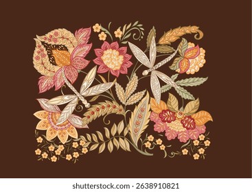 Fantasy flowers and dragonflies in retro, vintage, jacobean style. Clip art, set of elements for design Vector illustration.