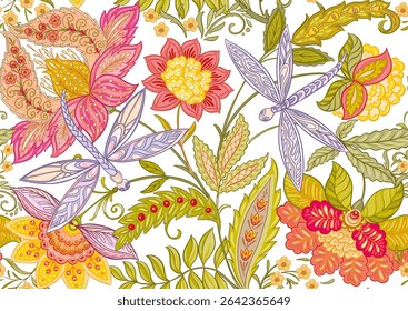 Fantasy flowers and dragonflies in retro, vintage, jacobean embroidery style. Seamless pattern, background. Vector illustration.