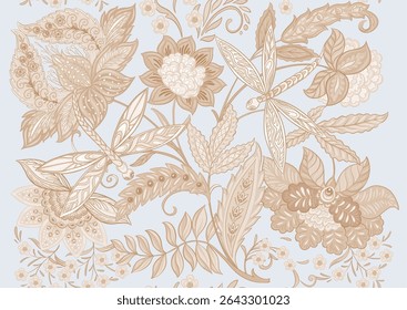 Fantasy flowers and dragonflies in retro, vintage, jacobean embroidery style. Seamless pattern, background. Vector illustration.
