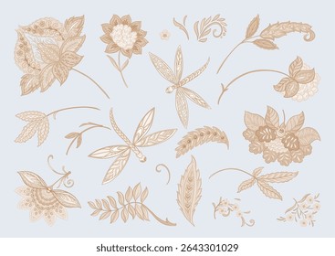 Fantasia flores e libélulas em estilo retro, vintage, jacobean. Clip-art, conjunto de elementos para a ilustração Vetor de design.