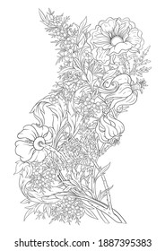 Fantasy flowers Element for design. Outline hand drawing vector illustration. In art nouveau style, vintage, old, retro style. In botanical style