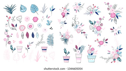 fantasy flowers and leaves. Abstract floral design. Hand drawn botanic vector set