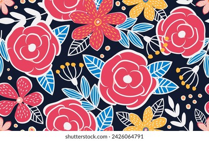 Fantasieblumen, -blätter und -zweige bilden ein modernes botanisches nahtloses Muster für Textilien mit schwarzem Hintergrund. Vektor.