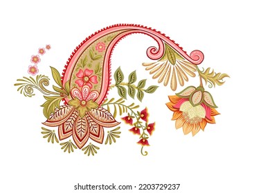 Fantasy flowers and paisley in retro, vintage, jacobean embroidery style. Elements, motif for design. Vector illustration.