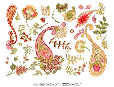 Fantasy flowers and paisley in retro, vintage, jacobean embroidery style. Elements, motif for design. Vector illustration.