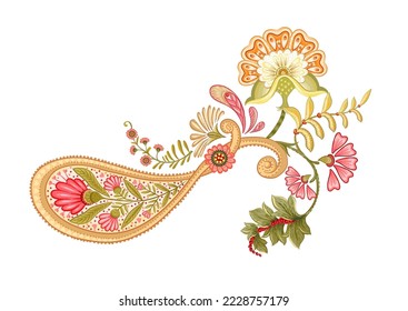 Fantasy flowers and paisley in retro, vintage, jacobean embroidery style. Elements, motif for design. Vector illustration.