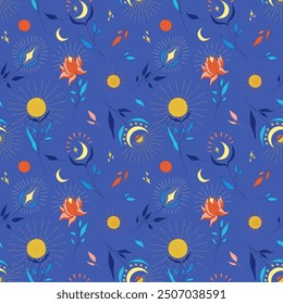 Fantasy Flowers pattern on the blue background, mystical flowers, space plants, mystery, astrology, secret blossom with the Sun, the Moon and stars, leaves and flowers. Shiny pattern on a dark color.