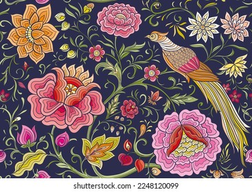 Fantasy flowers and pheasant bird in retro, vintage, chinese silk on velvet embroidery style. Seamless pattern, background. Vector illustration. svg