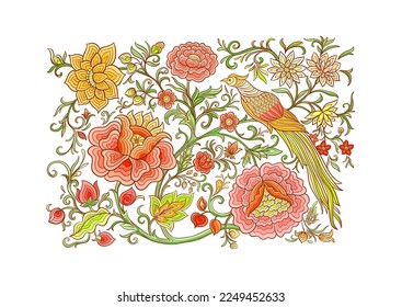 Flores de fantasía y pájaro faisán retro, vintage, seda china sobre el bordado de terciopelo estilo Clip art, conjunto de elementos para el diseño Ilustración vectorial.