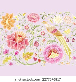 Fantasy flowers and pheasant bird in retro, vintage, chinese silk on velvet embroidery style. Seamless pattern, background. Vector illustration.