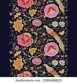 Fantasy flowers and pheasant bird in retro, vintage, chinese silk on velvet embroidery style. Seamless pattern, background. Vector illustration. svg