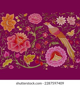 Fantasy Blumen und Fasan Vogel in Retro, Vintage, chinesische Seide auf Samt Stickereistil. Nahtloses Muster, Hintergrund. Vektorgrafik.