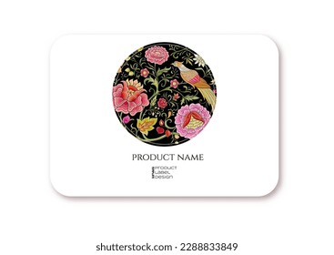 Fantasy flowers and pheasant bird in retro, vintage, chinese silk on velvet embroidery style. Template for plastic debit or credit, pass, discount, membership card. Vector illustration.