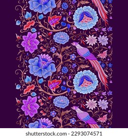 Flores de fantasía y pájaro faisán retro, vintage, seda china de terciopelo bordado. Patrón sin inconvenientes, fondo. Ilustración vectorial.
