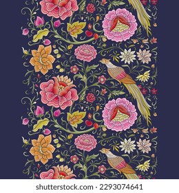Fantasy flowers and pheasant bird in retro, vintage, chinese silk on velvet embroidery style. Seamless pattern, background. Vector illustration.