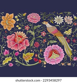 Fantasy flowers and pheasant bird in retro, vintage, chinese silk on velvet embroidery style. Seamless pattern, background. Vector illustration.