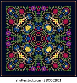Fantasy flowers in retro, vintage, embroidery style. The design is suitable for shawl, blanket, pillow, pillowcase, napkin, cover or postcard. Vector illustration. 