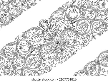 Fantasy flowers in retro, vintage, embroidery style. Seamless pattern, background. Outline hand drawing vector illustration.