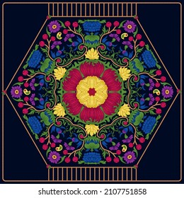 Fantasy flowers in retro, vintage, embroidery style. The design is suitable for shawl, blanket, pillow, pillowcase, napkin, cover or postcard. Vector illustration. 