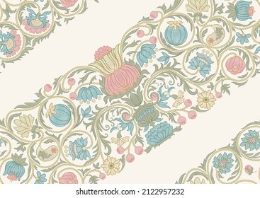 Fantasy flowers in retro, vintage, embroidery style. Seamless pattern, background. Colored vector illustration.