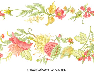 Fantasy flowers in retro, vintage, jacobean embroidery style. Seamless pattern, background. Colored vector illustration. Isolated on white  background.	