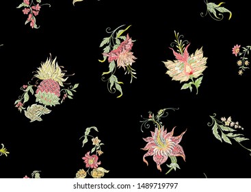 Fantasy flowers in retro, vintage, jacobean embroidery style. Seamless pattern, background. Embroidery imitation
 Colored vector illustration."	