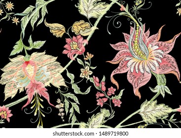 Fantasy flowers in retro, vintage, jacobean embroidery style. Seamless pattern, background. Embroidery imitation
 Colored vector illustration."	