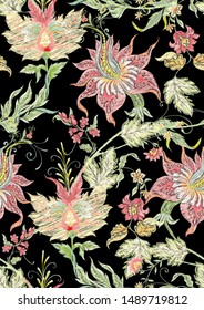 Fantasy flowers in retro, vintage, jacobean embroidery style. Seamless pattern, background. Embroidery imitation
 Colored vector illustration."	