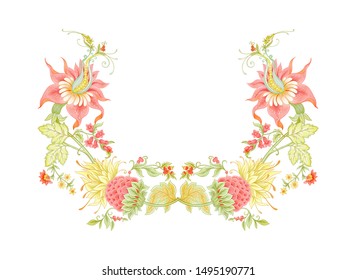 Fantasy flowers in retro, vintage, jacobean embroidery style. Embroidery for neckline. Colored vector illustration.	