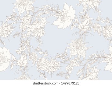 Fantasy flowers in retro, vintage, jacobean embroidery style. Seamless pattern, background. Outline hand drawing vector illustration. In vintage blue and beige colors	