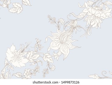 Fantasy flowers in retro, vintage, jacobean embroidery style. Seamless pattern, background. Outline hand drawing vector illustration. In vintage blue and beige colors	