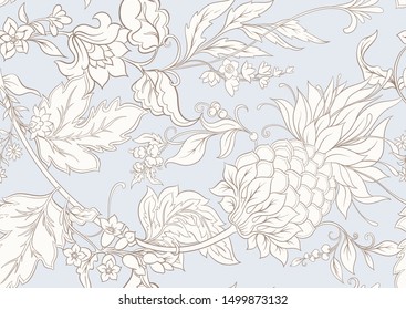 Fantasy flowers in retro, vintage, jacobean embroidery style. Seamless pattern, background. Outline hand drawing vector illustration. In vintage blue and beige colors	