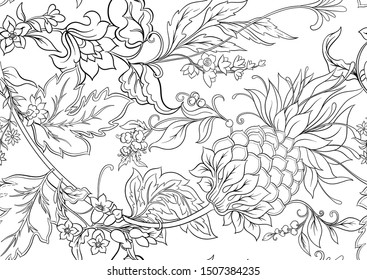 Fantasy flowers in retro, vintage, jacobean embroidery style. Seamless pattern, background. Outline hand drawing vector illustration.	