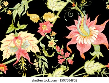 Fantasy flowers in retro, vintage, jacobean embroidery style. Seamless pattern, background. Colored vector illustration. Isolated on black background.	