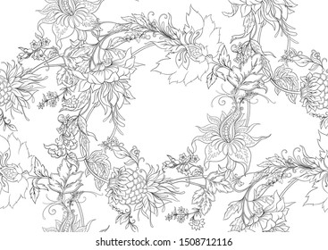 Fantasy flowers in retro, vintage, jacobean embroidery style. Seamless pattern, background. Outline hand drawing vector illustration.	