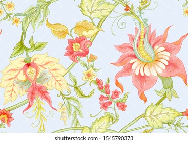 Fantasy flowers in retro, vintage, jacobean embroidery style. Seamless pattern, background. Colored vector illustration