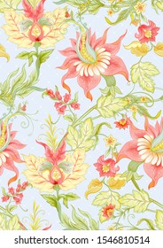Fantasy flowers in retro, vintage, jacobean embroidery style. Seamless pattern, background. Colored vector illustration