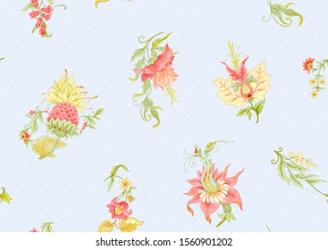 Fantasy flowers in retro, vintage, jacobean embroidery style. Seamless pattern, background. Colored vector illustration